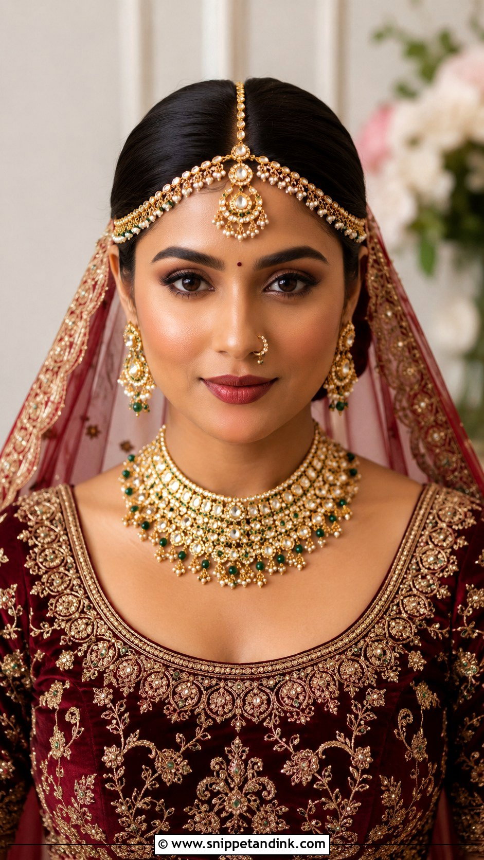 Indian Bridal Center Part Bun With Matha Patti - Snippet and Ink - 20 Indian Front View Bridal Hairstyles