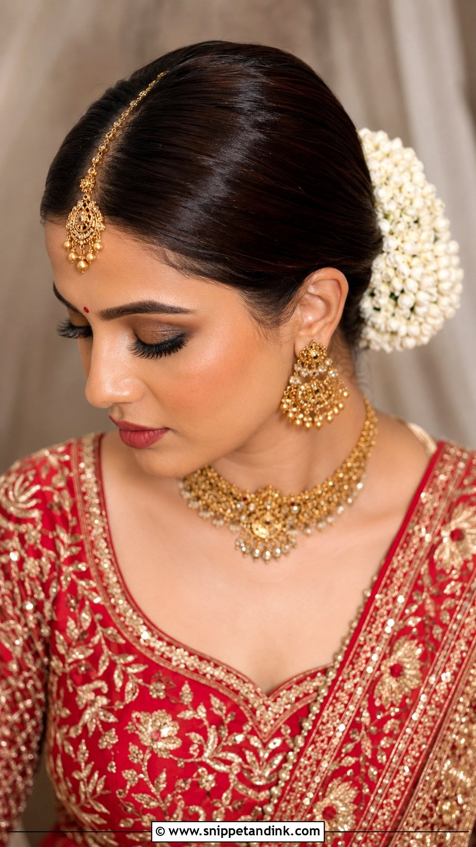 Indian Bridal Center Part Low Bun - Snippet and Ink - 20 Indian Wedding Bridal Front Hairstyle Ideas