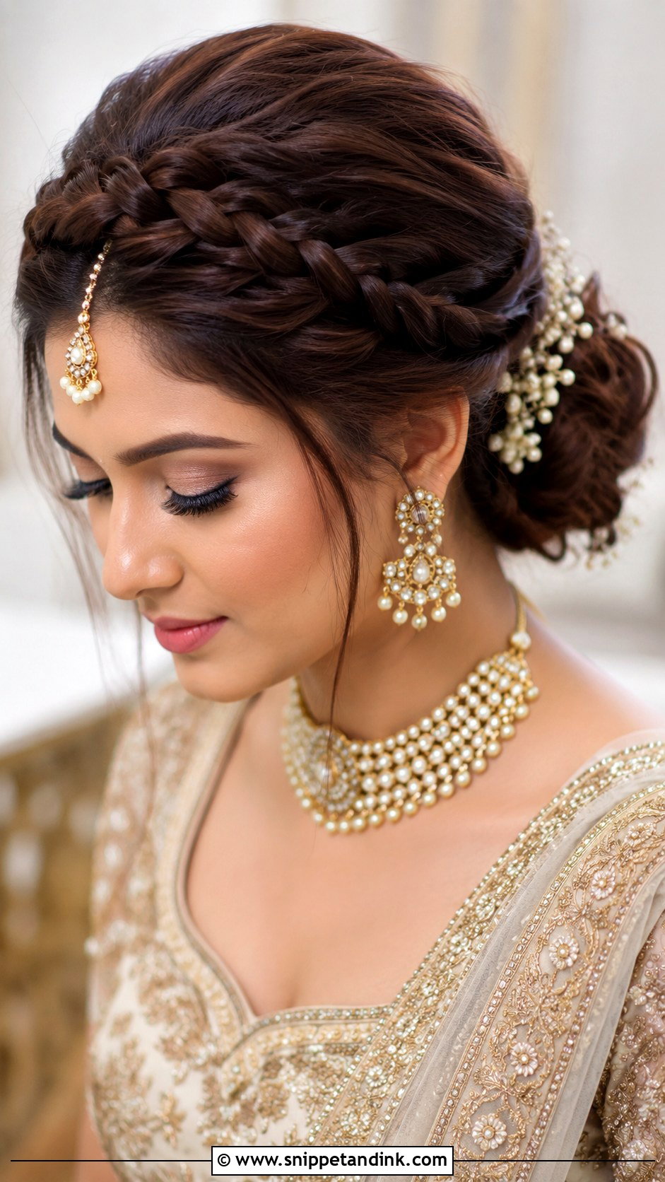 Indian Bridal Crown Braid Bun - Snippet and Ink - 15 Indian Bridal Hairstyle for Big Forehead Ideas