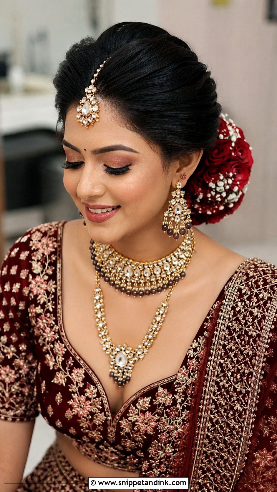 Indian Bridal Front Puff Bun - Snippet and Ink - 20 Indian Wedding Bridal Front Hairstyle Ideas