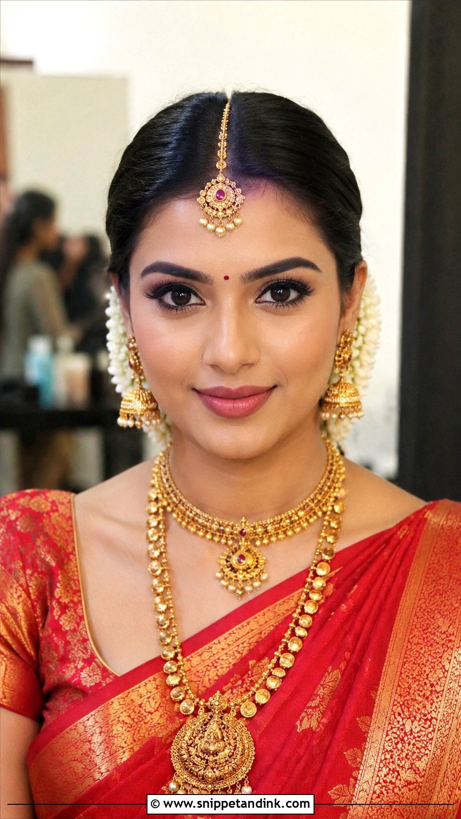 Indian Bridal Gajra Bun Front View - Snippet and Ink - 20 Indian Front View Bridal Hairstyles