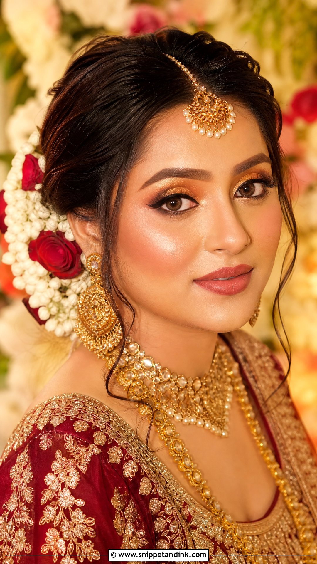 Indian Bridal Gold Eye Makeup With Floral Bun - Snippet and Ink - 20 Indian Wedding Makeup Bridal Looks Hair Styles Asian Bride