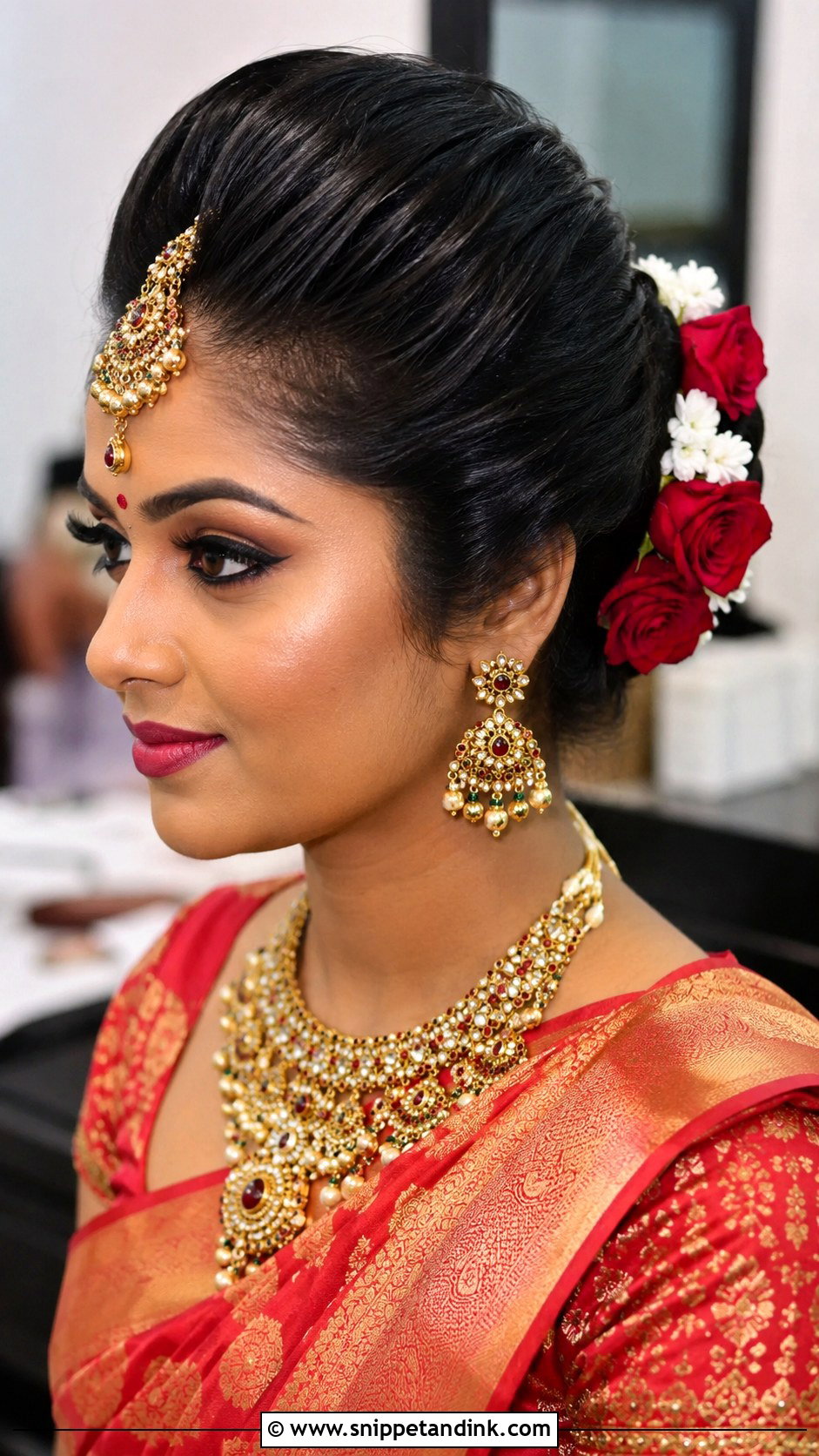 Indian Bridal High Bun With Front Volume - Snippet and Ink - 20 Indian Wedding Bridal Front Hairstyle Ideas