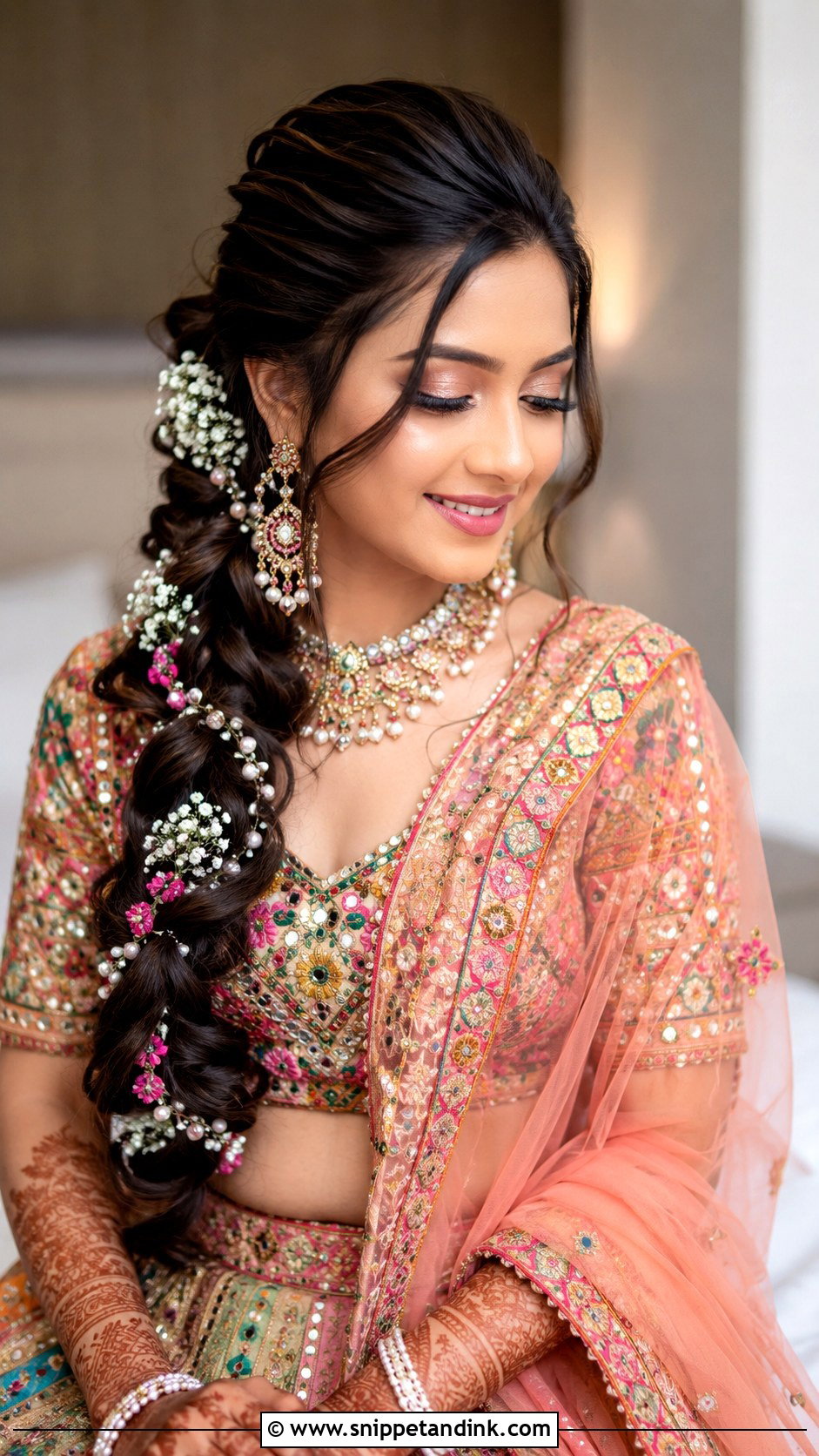 Indian Bridal Loose Braid With Face Framing Hair - Snippet and Ink - 15 Indian Bridal Hairstyle for Big Forehead Ideas