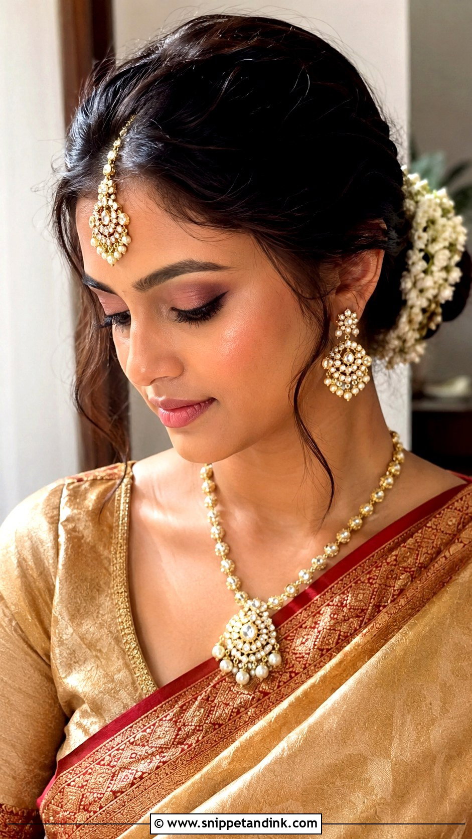 Indian Bridal Low Bun With Maang Tikka - Snippet and Ink - 15 Indian Bridal Hairstyle for Big Forehead Ideas