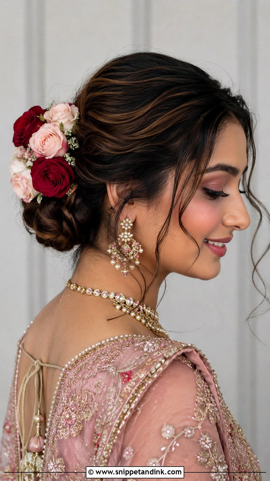 Indian Bridal Low Bun With Roses - Snippet and Ink - 15 Indian Bridal Bun with Flowers Ideas