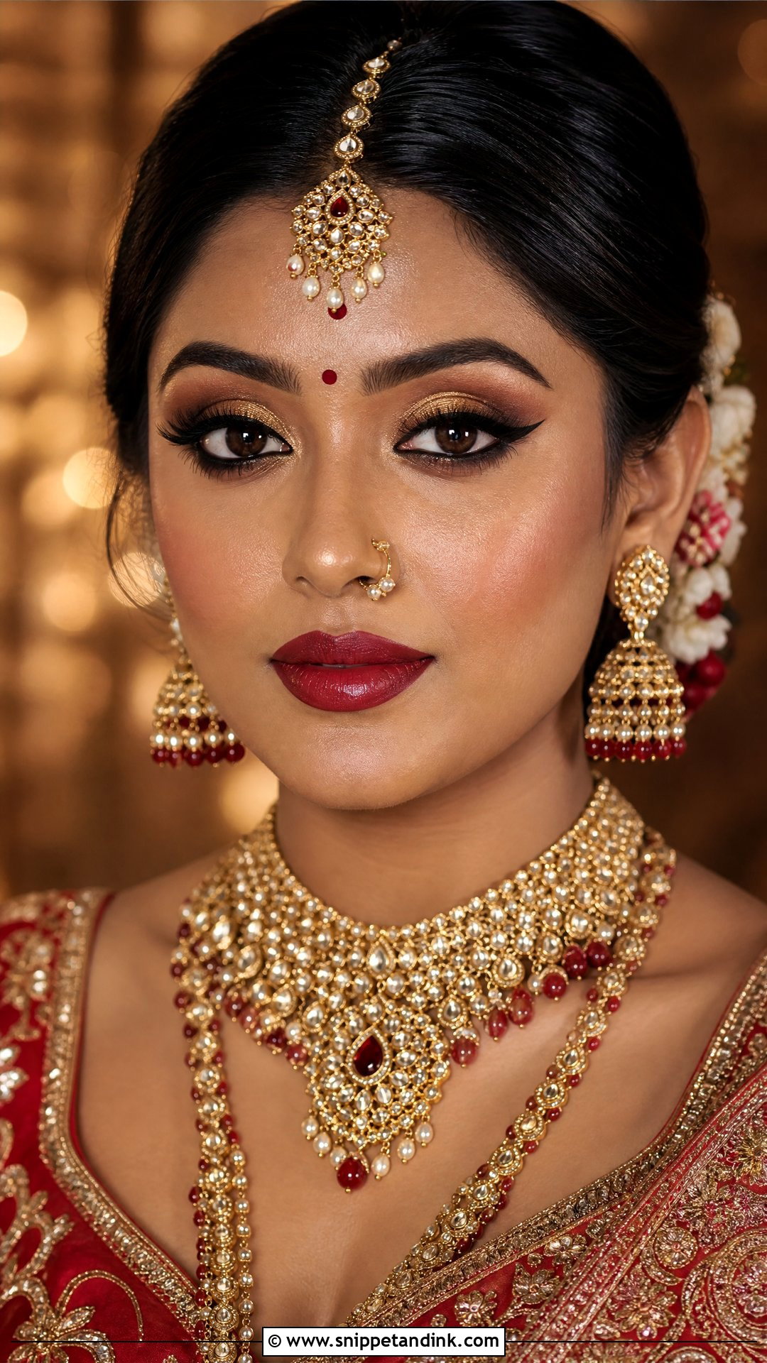 Indian Bridal Makeup With Gold Eyes And Red Lip - Snippet and Ink - 20 Indian Bridal Makeup for Dark Skin Ideas