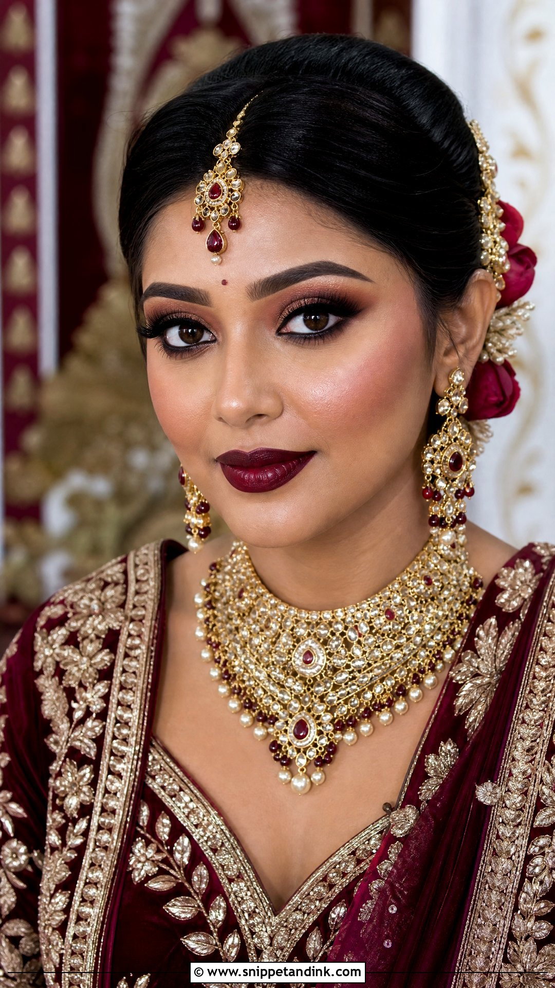 Indian Bridal Maroon Makeup With Traditional Bun - Snippet and Ink - 20 Indian Wedding Makeup Bridal Looks Hair Styles Asian Bride