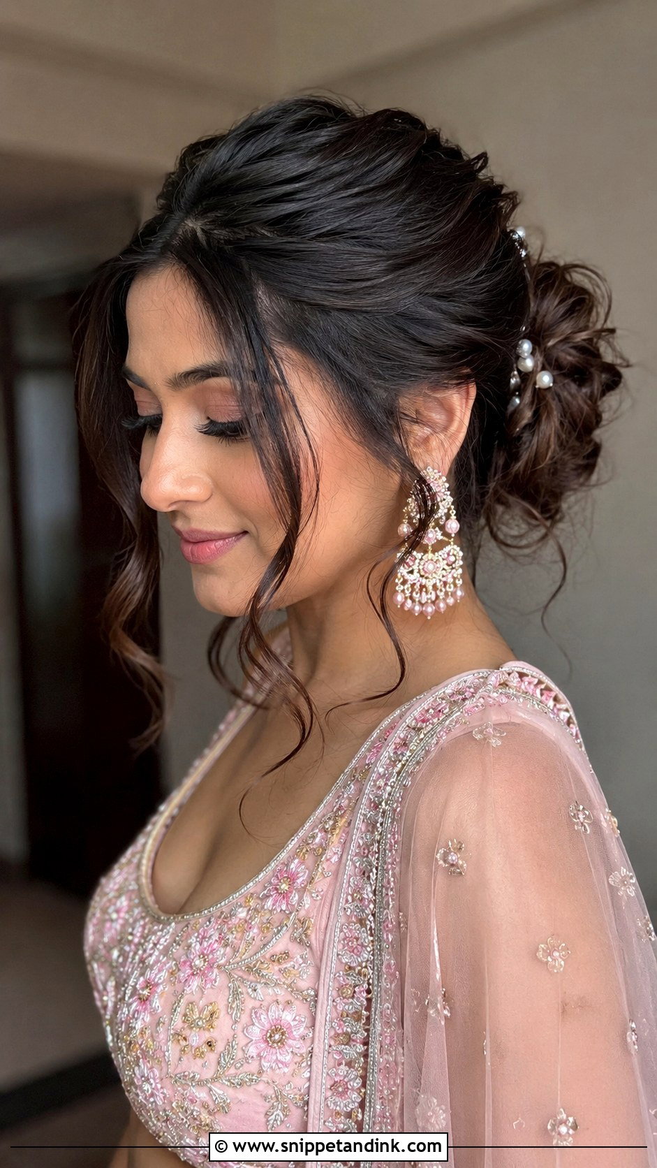 Indian Bridal Messy Bun With Face Framing Hair - Snippet and Ink - 15 Indian Bridal Hairstyle for Big Forehead Ideas