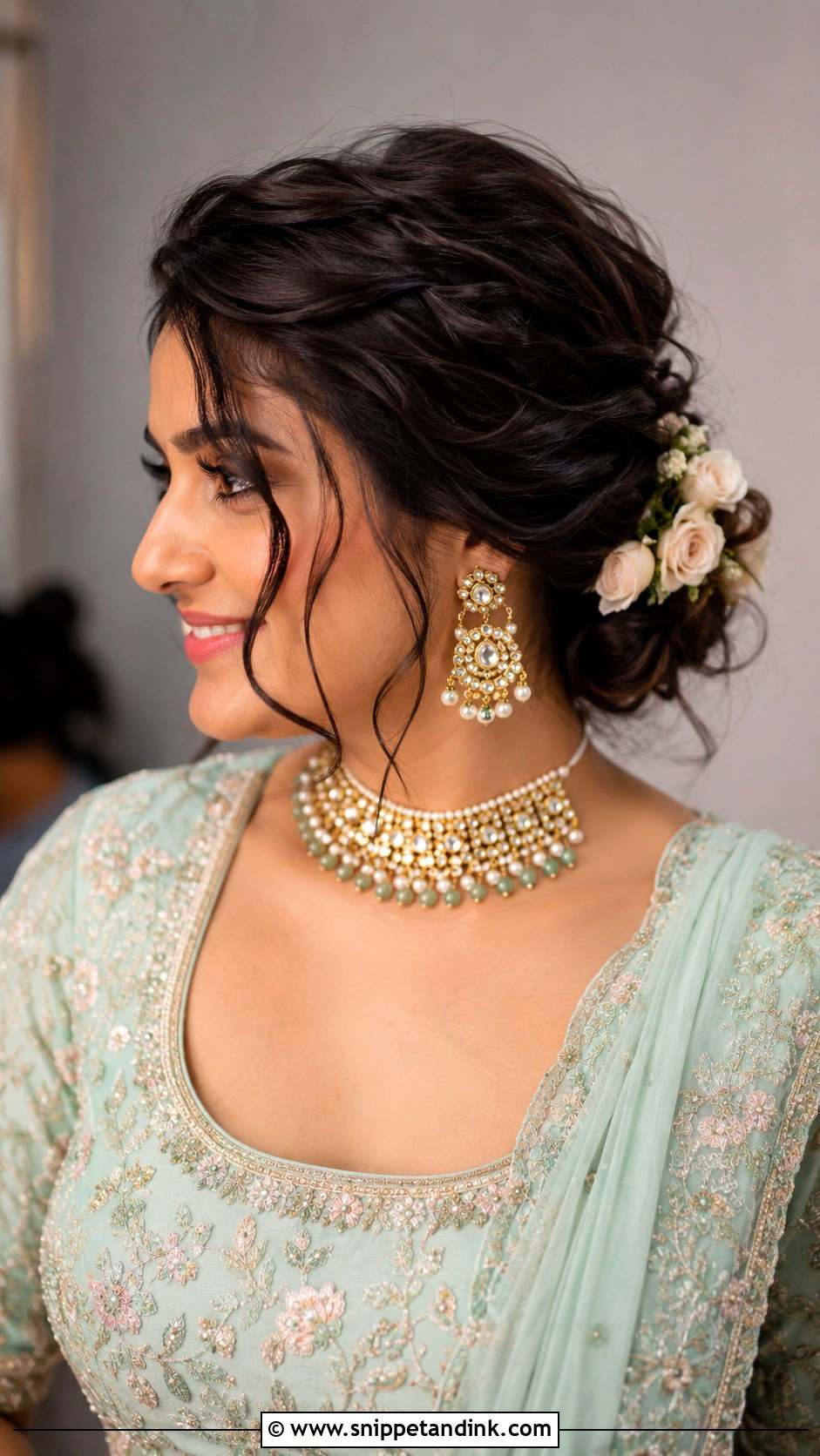 Indian Bridal Messy Bun With Front Strands - Snippet and Ink - 20 Indian Wedding Bridal Front Hairstyle Ideas