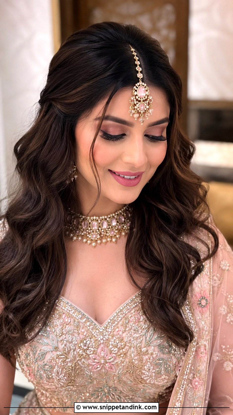 Indian Bridal Open Curls With Maang Tikka - Snippet and Ink - 15 Indian Bridal Hairstyle for Big Forehead Ideas