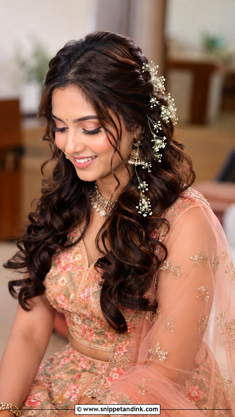 Indian Bridal Open Hair With Curls And Flowers - Snippet and Ink - 15 Open Hair Indian Bridal Dulhan Hairstyles