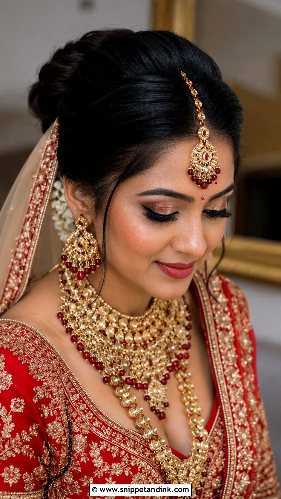 Indian Bridal Puff Bun With Maang Tikka - Snippet and Ink - 15 Indian Bridal Hairstyle for Big Forehead Ideas