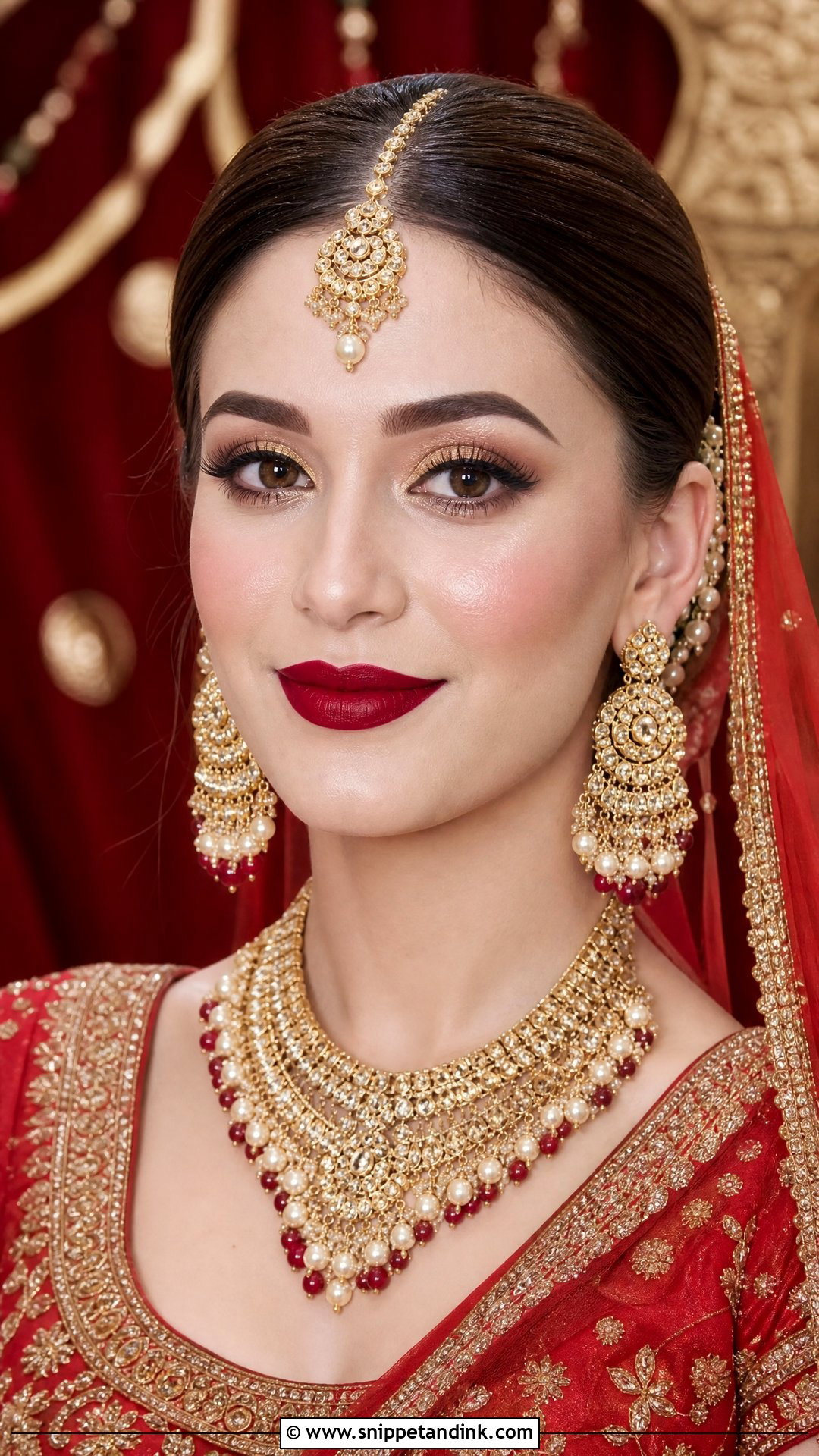Indian Bridal Red Lip Makeup With Center Part Bun - Snippet and Ink - 20 Indian Wedding Makeup Bridal Looks Hair Styles Asian Bride