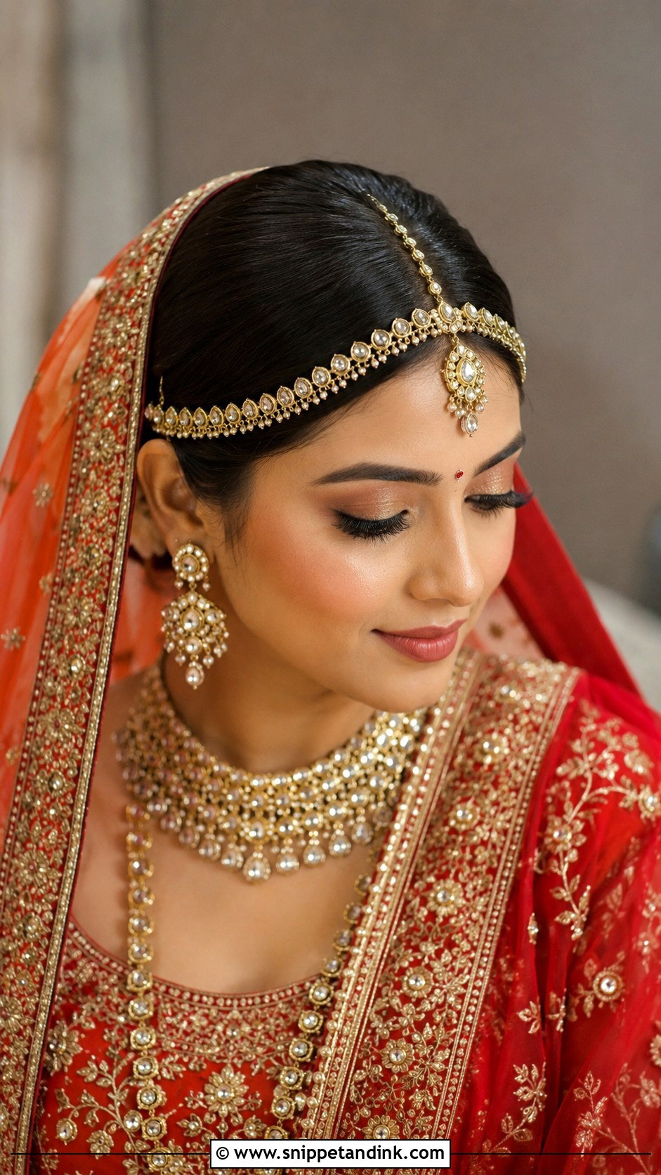 Indian Bridal Sleek Bun With Matha Patti - Snippet and Ink - 20 Indian Wedding Bridal Front Hairstyle Ideas