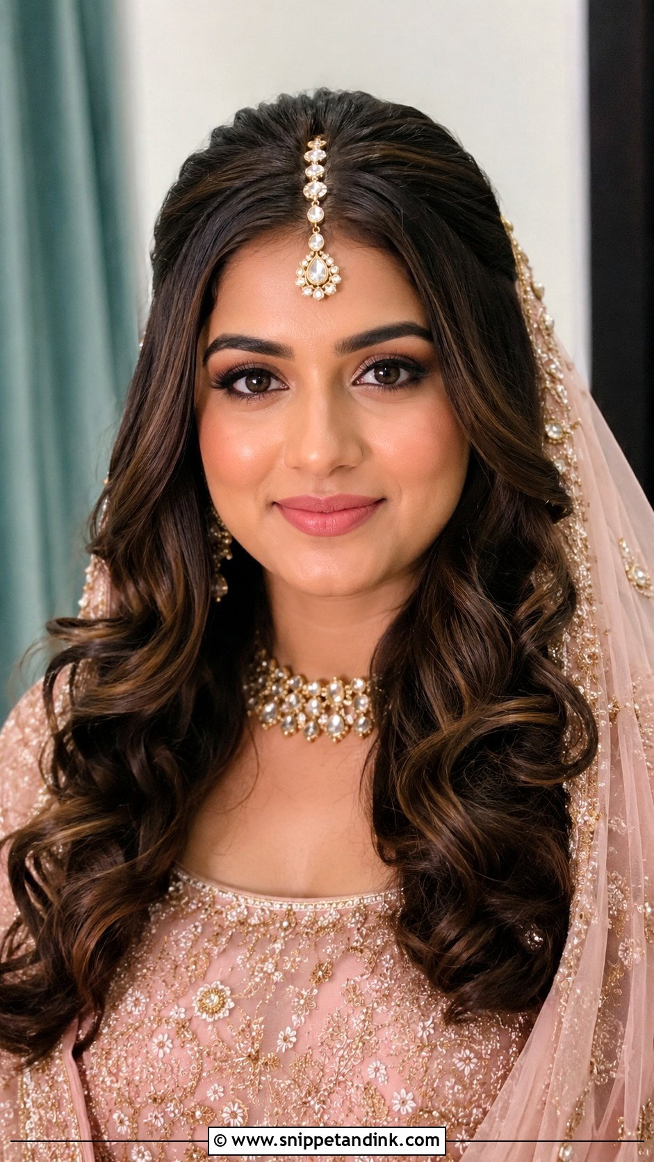 Indian Bridal Soft Waves With Maang Tikka For Round Face - Snippet and Ink - 15 Indian Wedding Hairstyle for Round Face Ideas