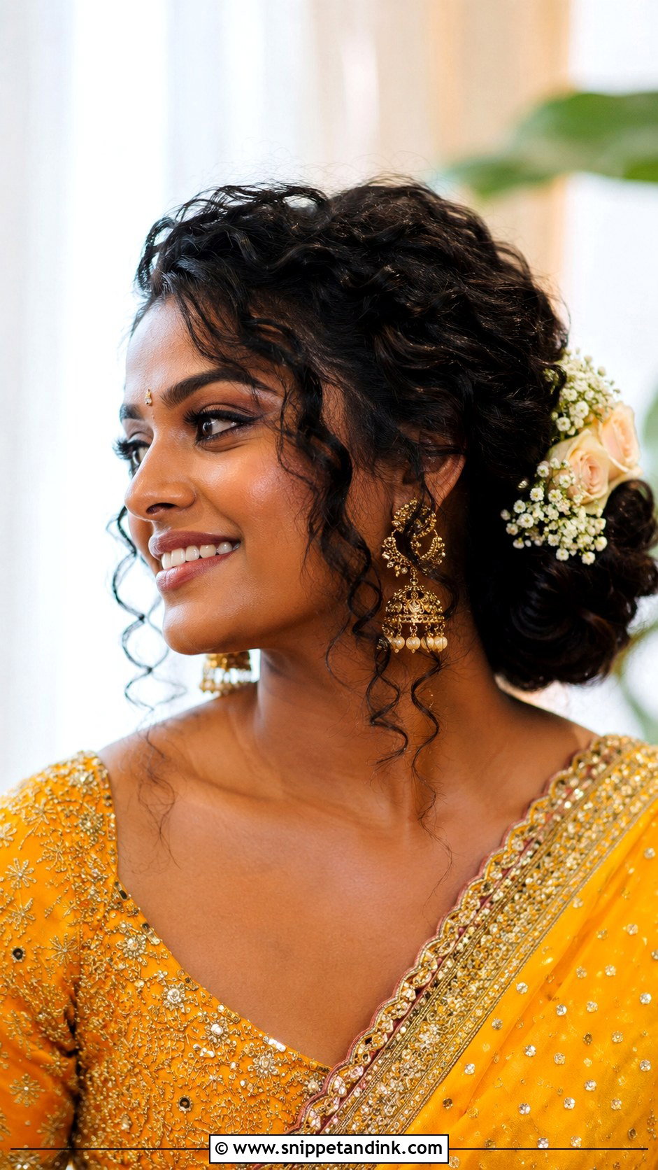 Indian Bridesmaid Curly Bun With Flowers - Snippet and Ink - 25 Indian Hairstyles for Bridesmaids