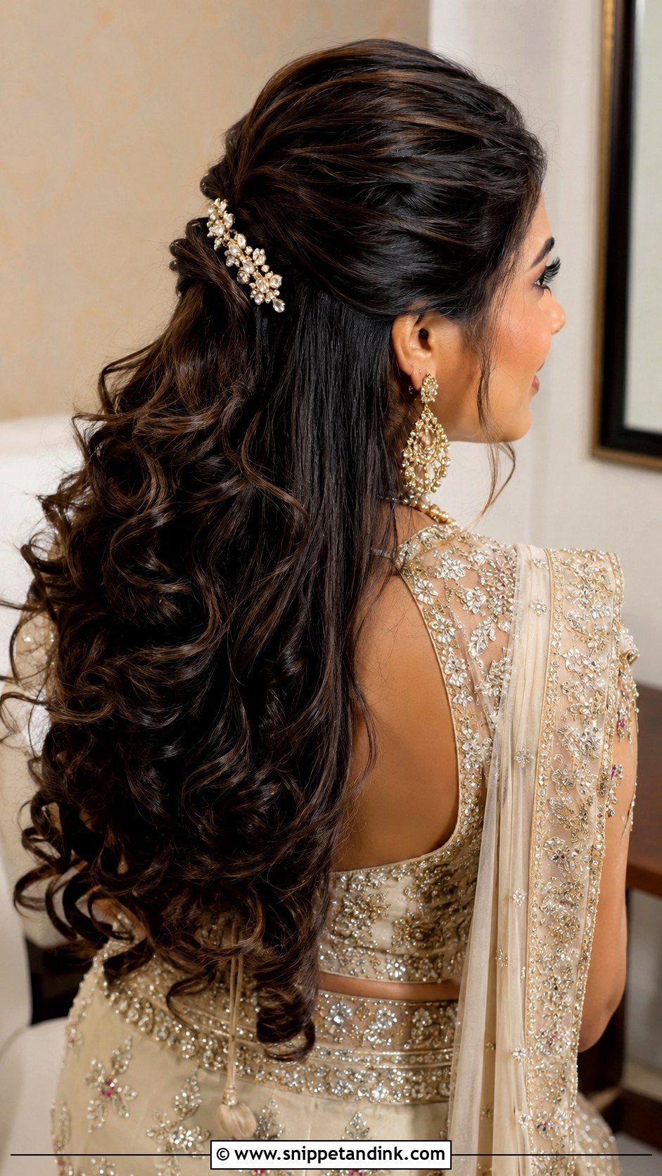 Indian Bridesmaid Curly Half Ponytail - Snippet and Ink - 20 Indian Wedding Hairstyles for Long Hair Bridesmaids