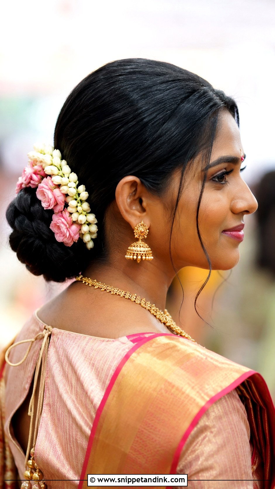 Indian Bridesmaid Floral Bun - Snippet and Ink - 20 Indian Wedding Hairstyles for Long Hair Bridesmaids