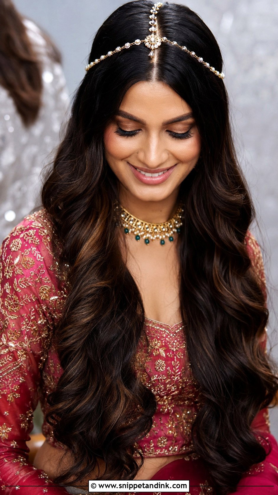 Indian Bridesmaid Open Waves With Hair Chain - Snippet and Ink - 20 Indian Wedding Hairstyles for Long Hair Bridesmaids