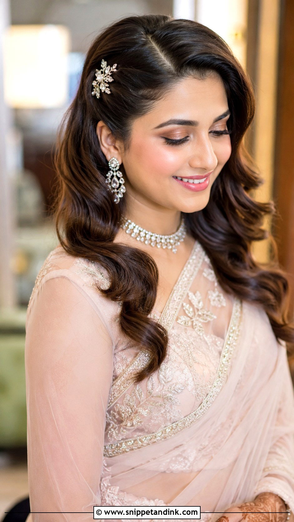 Indian Bridesmaid Open Waves With Side Pin - Snippet and Ink - 25 Indian Hairstyles for Bridesmaids