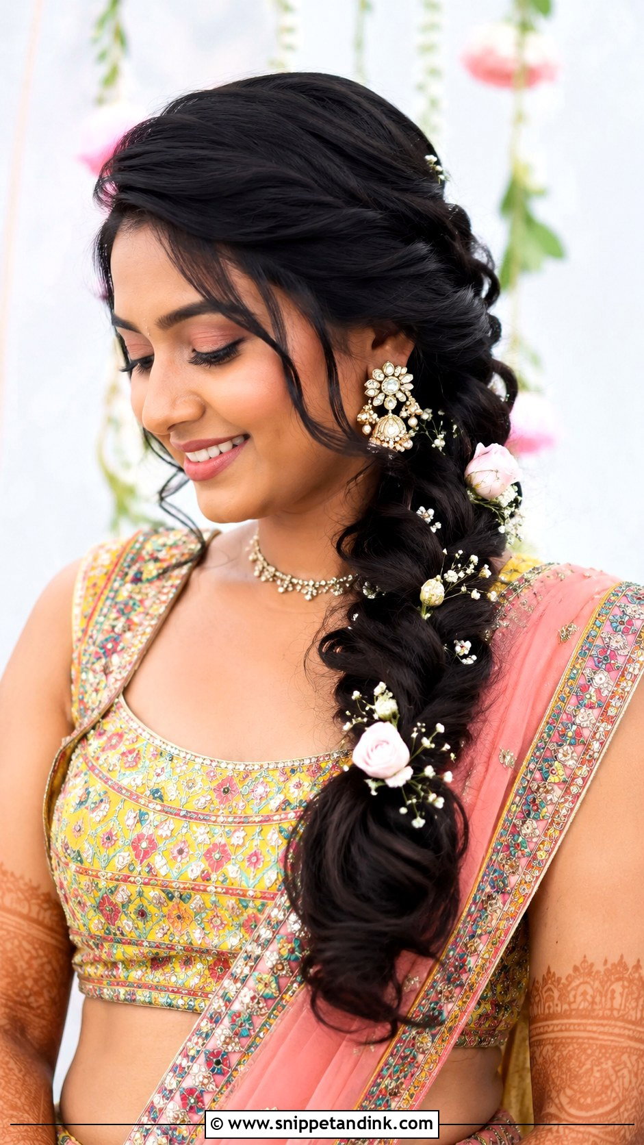 Indian Bridesmaid Side Braid With Flowers - Snippet and Ink - 25 Indian Hairstyles for Bridesmaids
