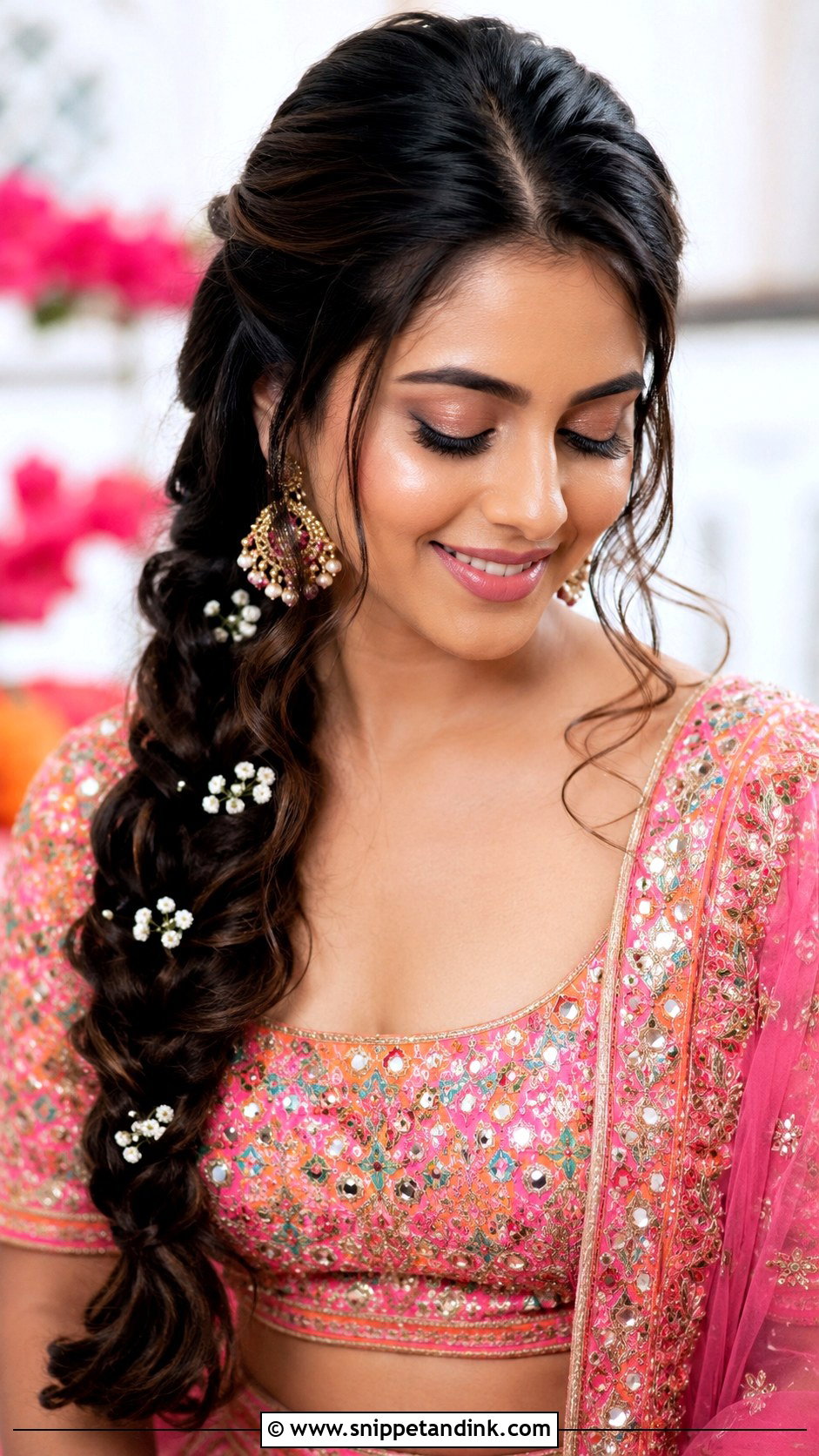 Indian Bridesmaid Side Braid With Flowers - Snippet and Ink - 20 Indian Wedding Hairstyles for Long Hair Bridesmaids
