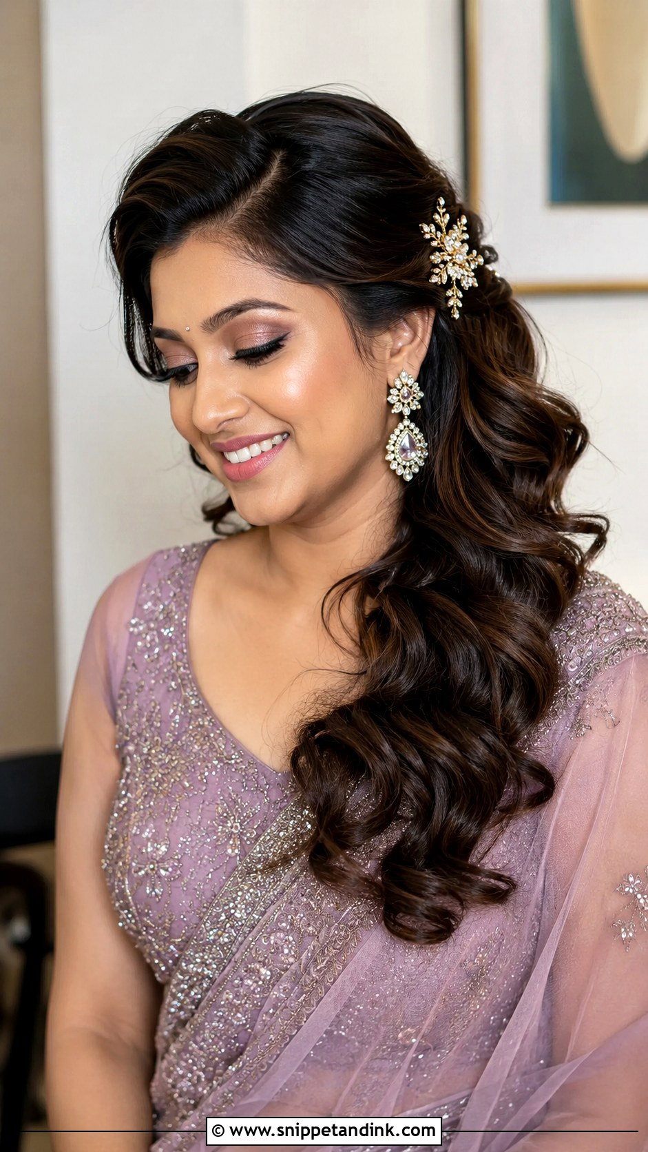 Indian Bridesmaid Side Swept Curls - Snippet and Ink - 20 Indian Wedding Hairstyles for Long Hair Bridesmaids