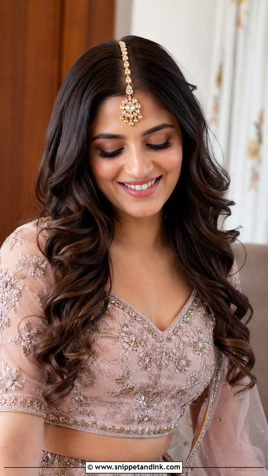 Indian Bridesmaid Soft Curls With Maang Tikka - Snippet and Ink - 25 Indian Hairstyles for Bridesmaids