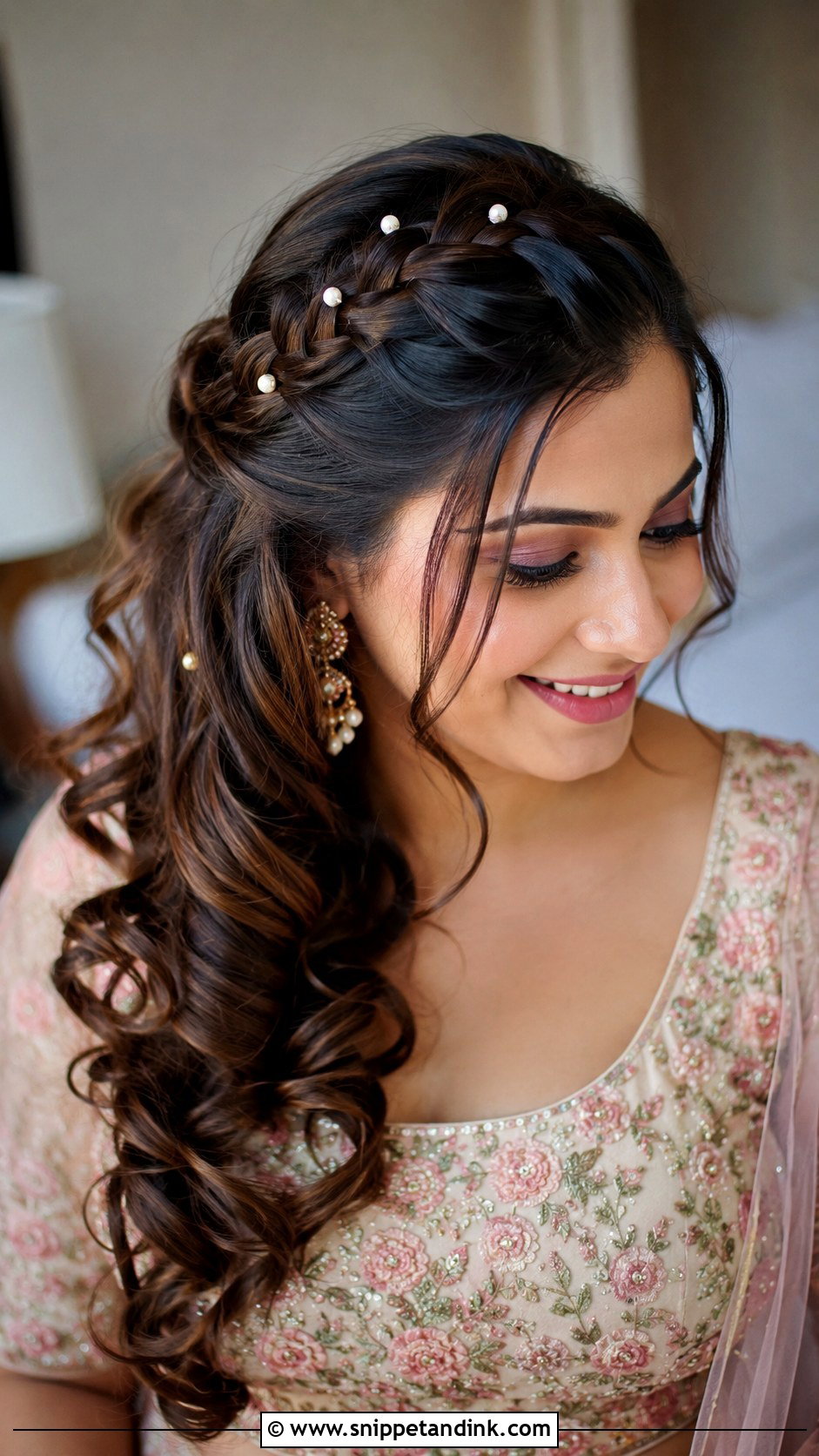 Indian Engagement Hairstyle With Braided Front - Snippet and Ink - 15 Indian Front Look Engagement Hairstyles