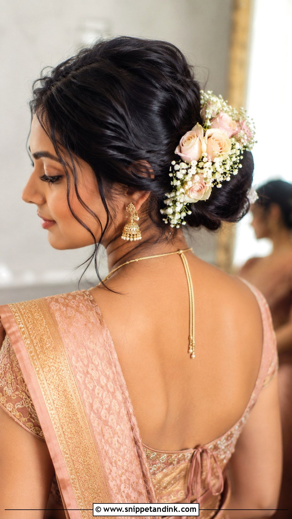 Indian Engagement Hairstyle With Floral Bun - Snippet and Ink - 15 Indian Front Look Engagement Hairstyles