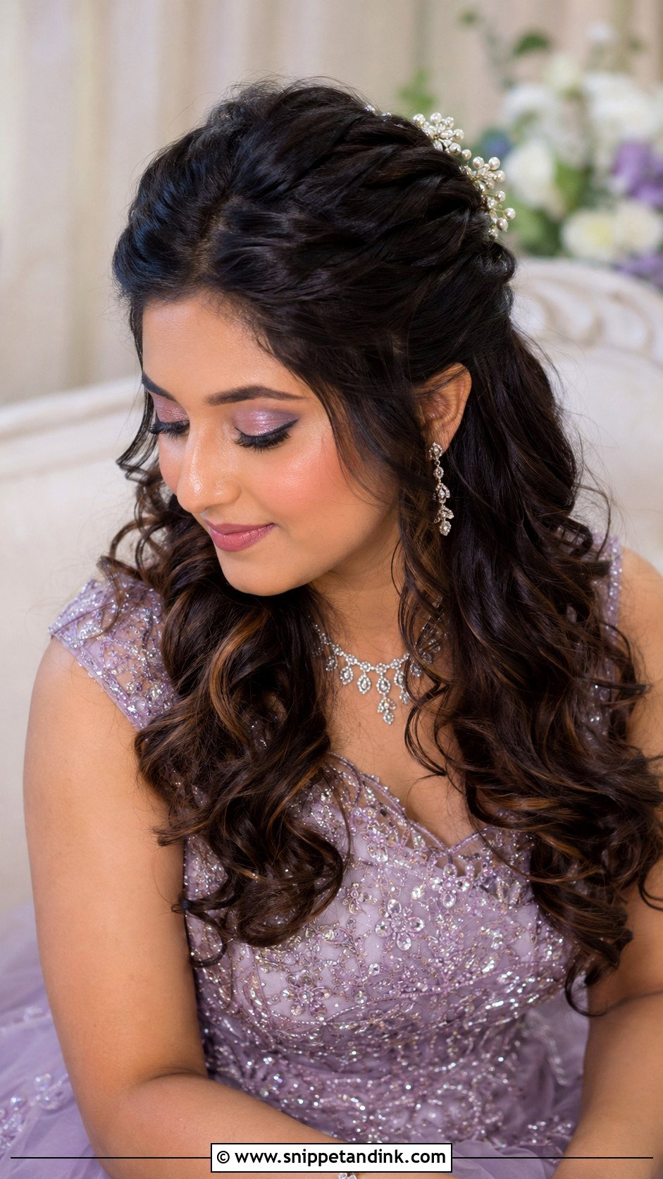 Indian Engagement Hairstyle With Half Up Curls - Snippet and Ink - 15 Indian Front Look Engagement Hairstyles