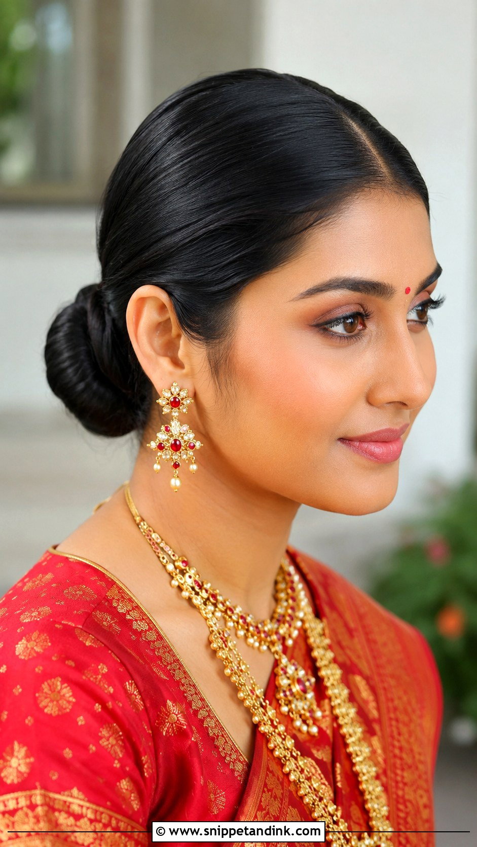 Indian Engagement Hairstyle With Sleek Bun - Snippet and Ink - 15 Indian Front Look Engagement Hairstyles