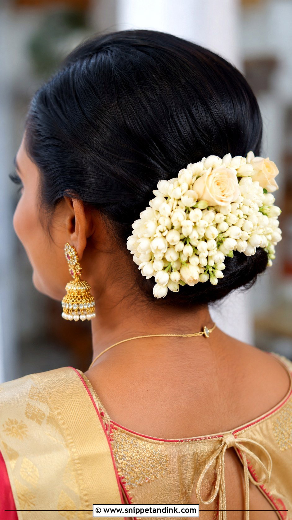 Indian Engagement Low Bun With Flowers - Snippet and Ink - 20 Hair Styles for Indian Engagement Brides