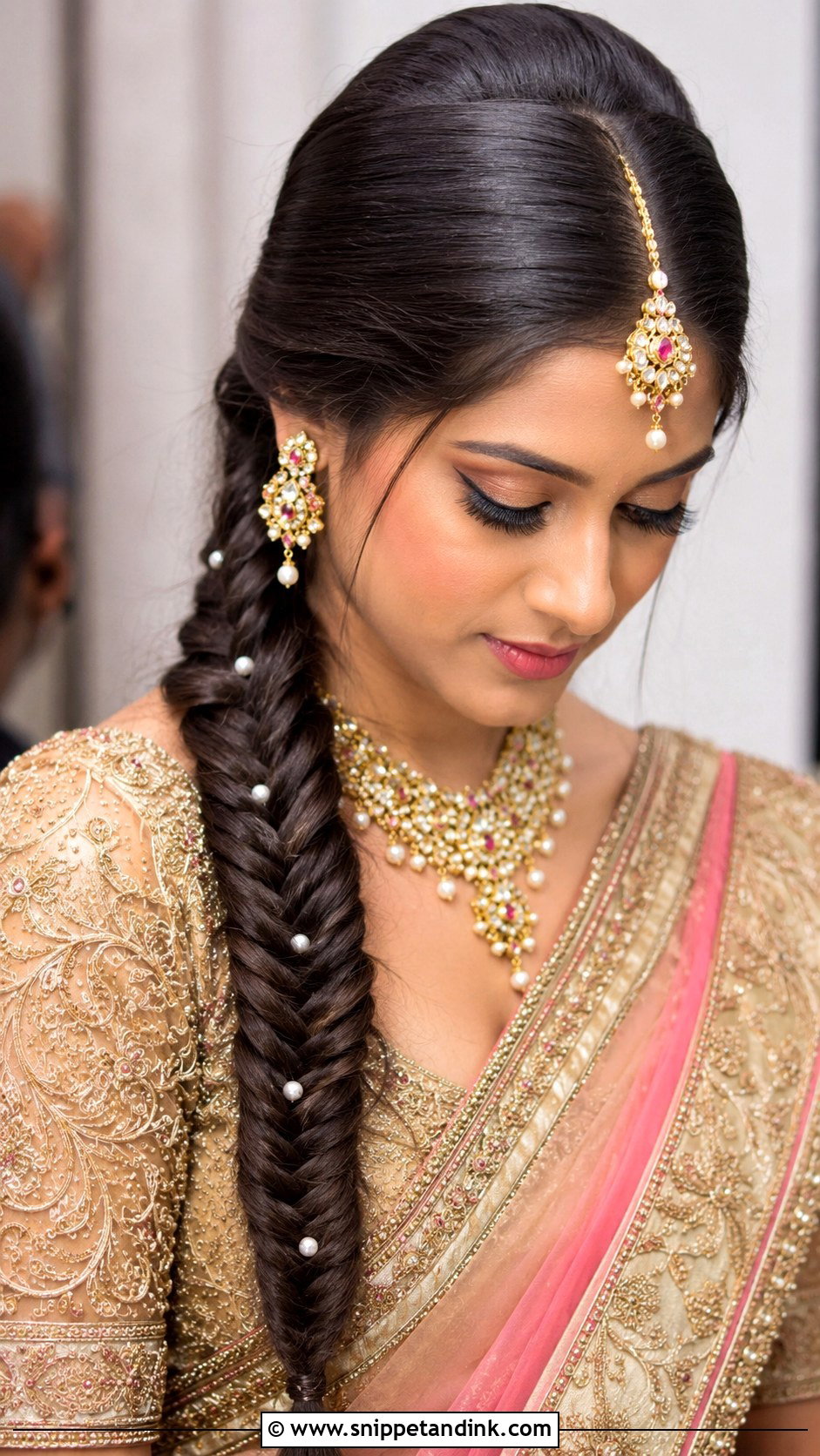 Indian Fishtail Braid With Maang Tikka - Snippet and Ink - 20 Indian Wedding Fish Braid Hairstyles