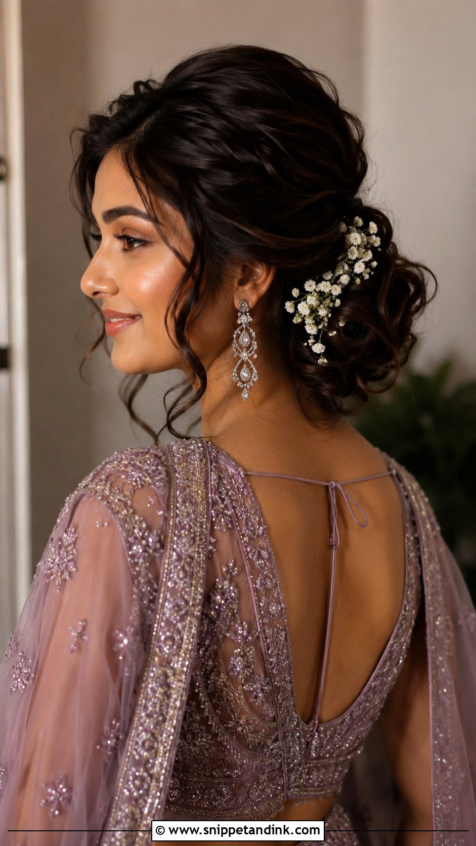 Indian Low Bun With Curls - Snippet and Ink - 15 Indian Low Bun Wedding Hair Ideas