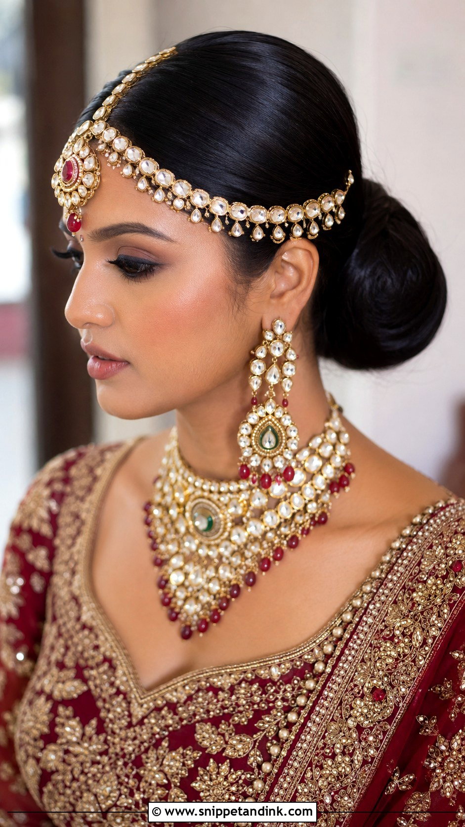 Indian Low Bun With Matha Patti - Snippet and Ink - 15 Indian Low Bun Wedding Hair Ideas