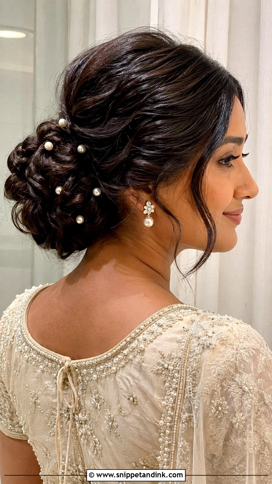 Indian Low Bun With Pearl Pins - Snippet and Ink - 15 Indian Low Bun Wedding Hair Ideas