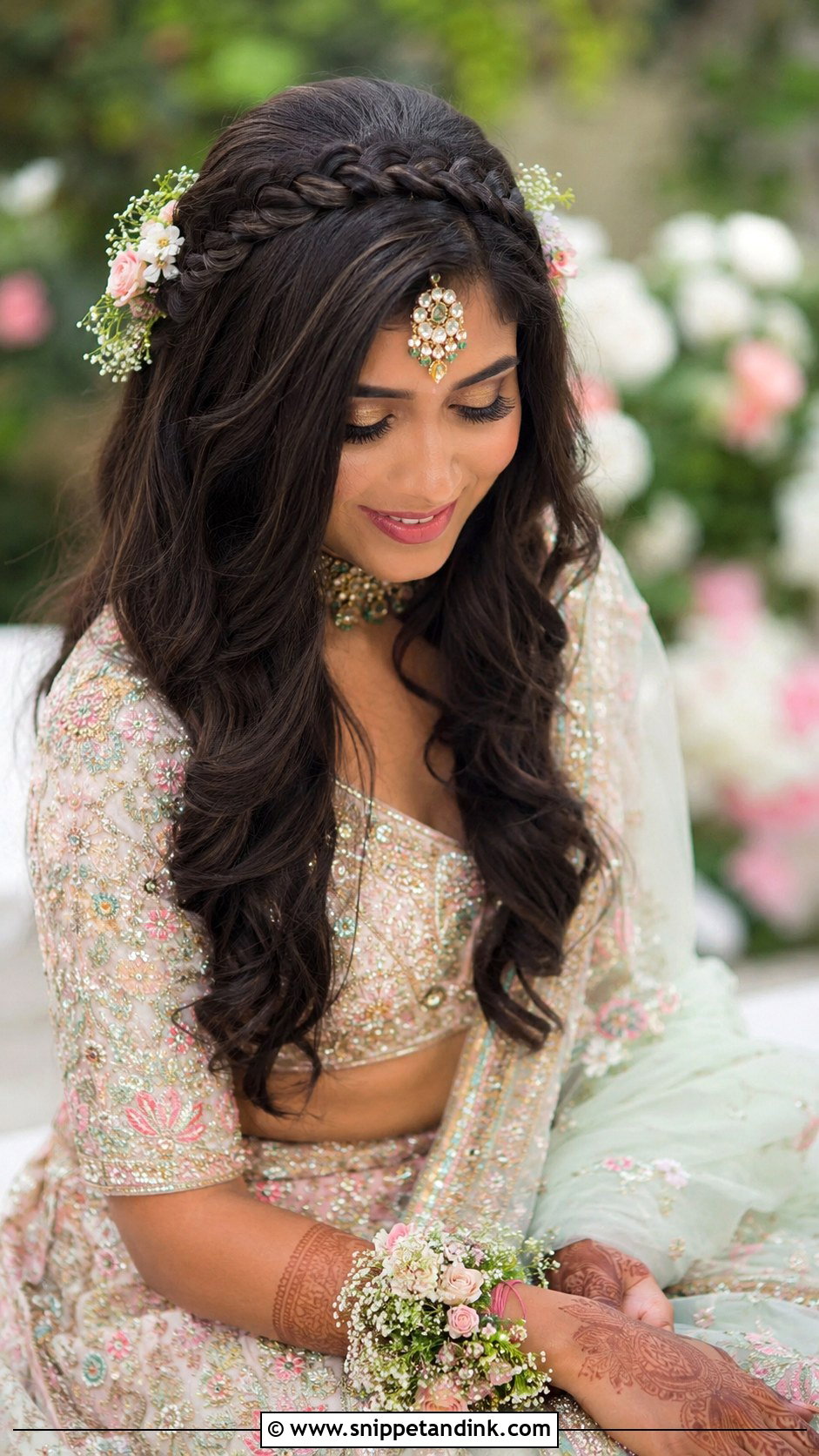 Indian Open Bridal Hairstyle With Braided Crown - Snippet and Ink - 15 Indian Open Bridal Hairstyle Ideas