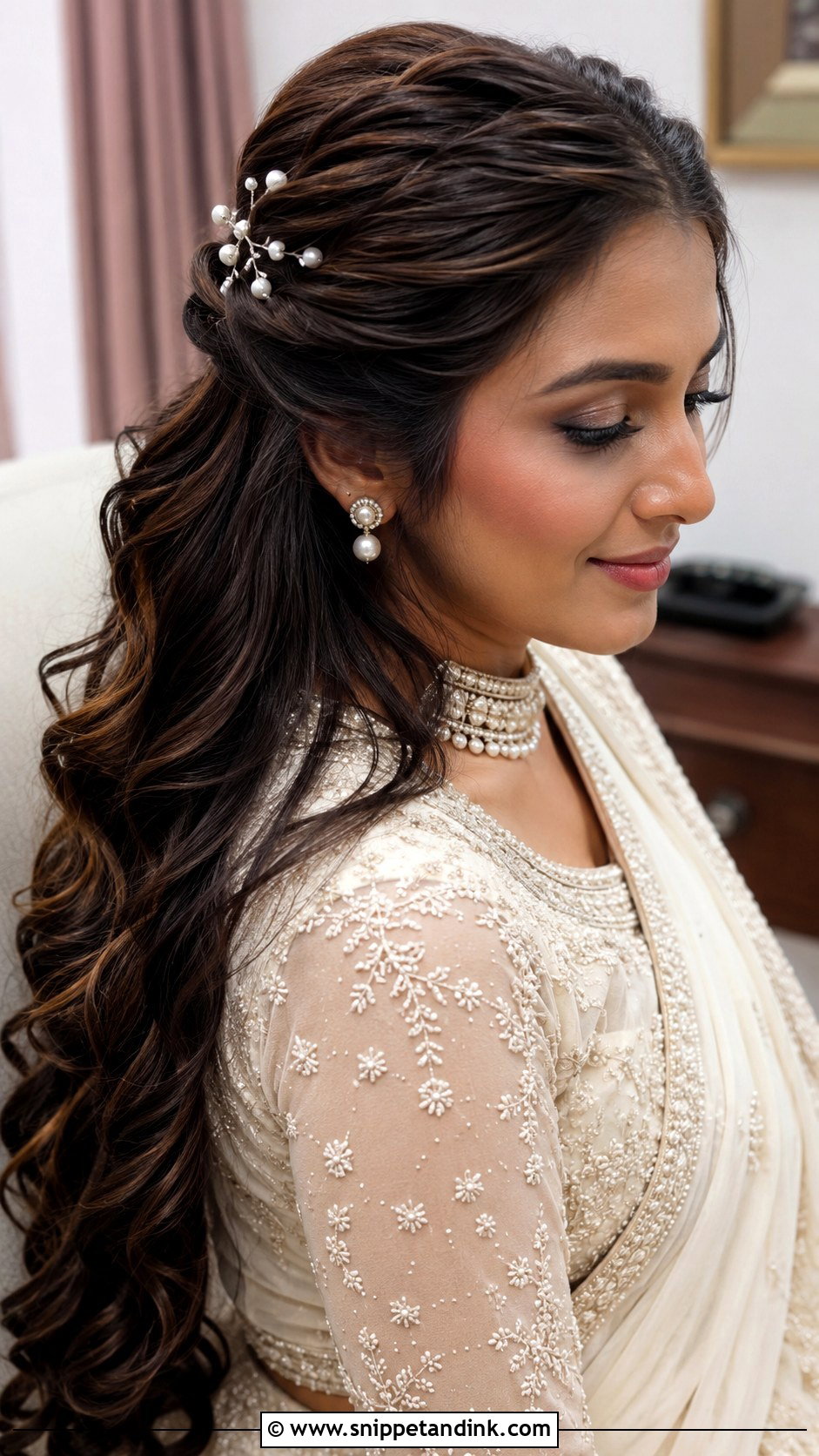 Indian Open Bridal Hairstyle With Pearl Pins - Snippet and Ink - 15 Indian Open Bridal Hairstyle Ideas