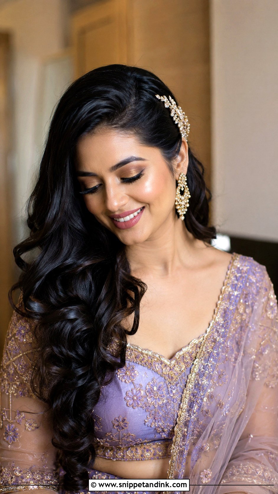 Indian Open Bridal Hairstyle With Side Swept Curls - Snippet and Ink - 15 Indian Open Bridal Hairstyle Ideas
