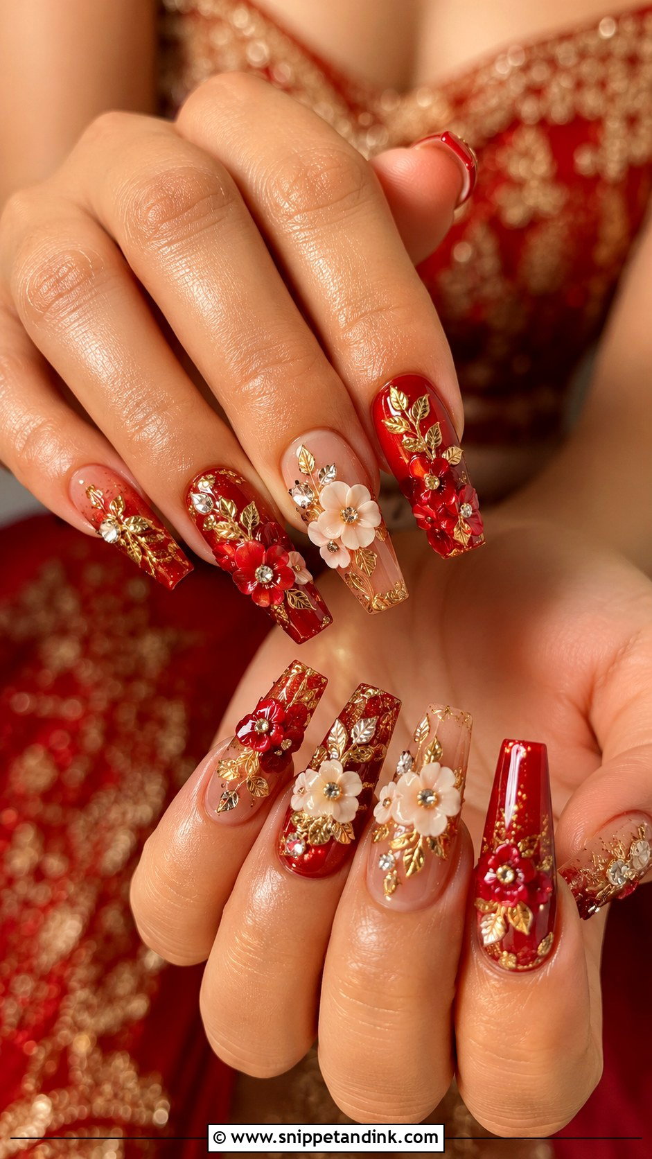 Indian Red Gold Bridal Nails With 3D Floral Art - Snippet and Ink - 20 Indian Red Gold Bridal Nail Art Designs