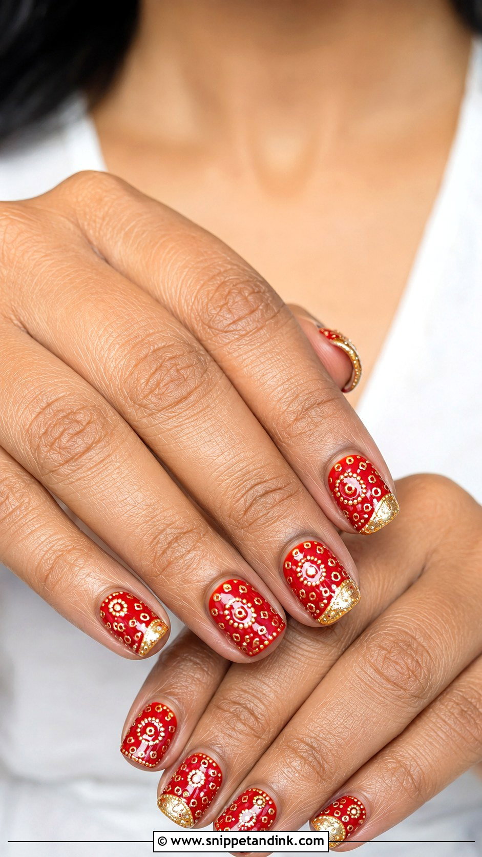 Indian Red Gold Bridal Nails With Bandhani Pattern - Snippet and Ink - 20 Indian Red Gold Bridal Nail Art Designs