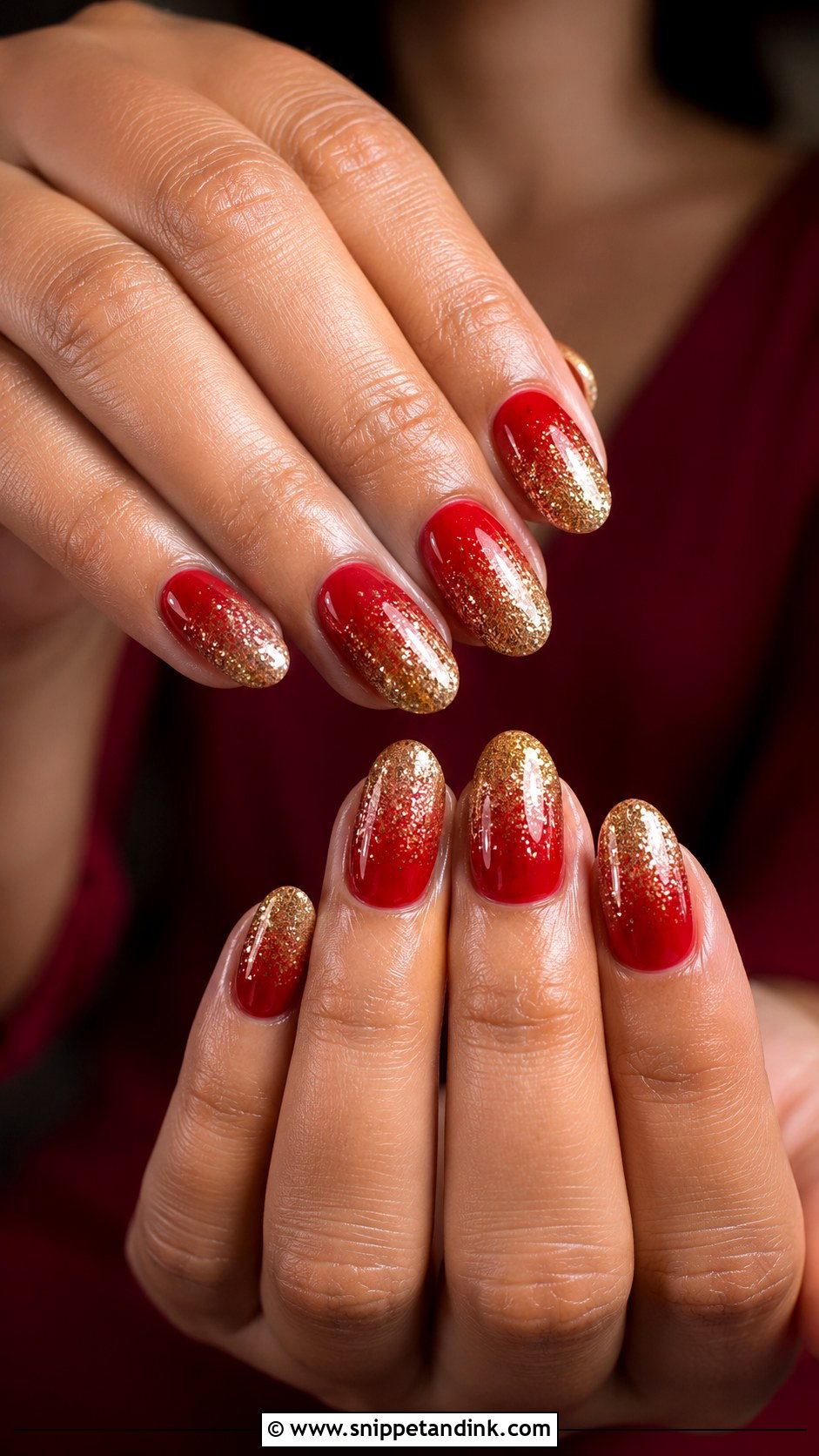Indian Red Gold Bridal Nails With Glitter Ombre - Snippet and Ink - 20 Indian Red Gold Bridal Nail Art Designs