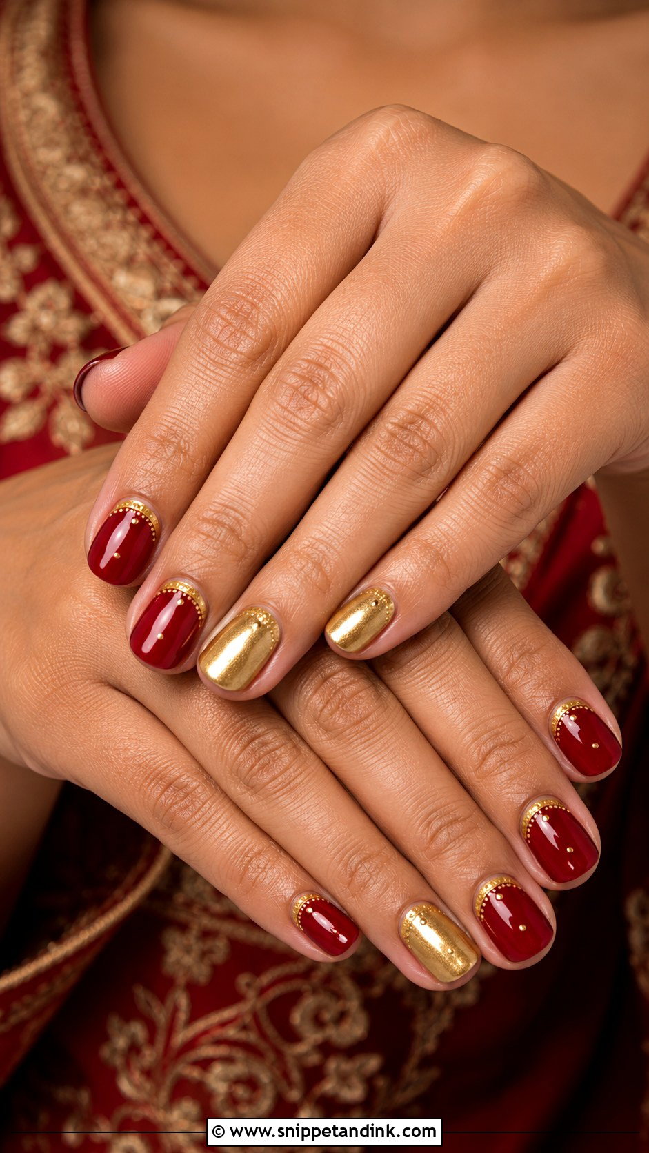 Indian Red Gold Bridal Nails With Gold Cuticle Design - Snippet and Ink - 20 Indian Red Gold Bridal Nail Art Designs