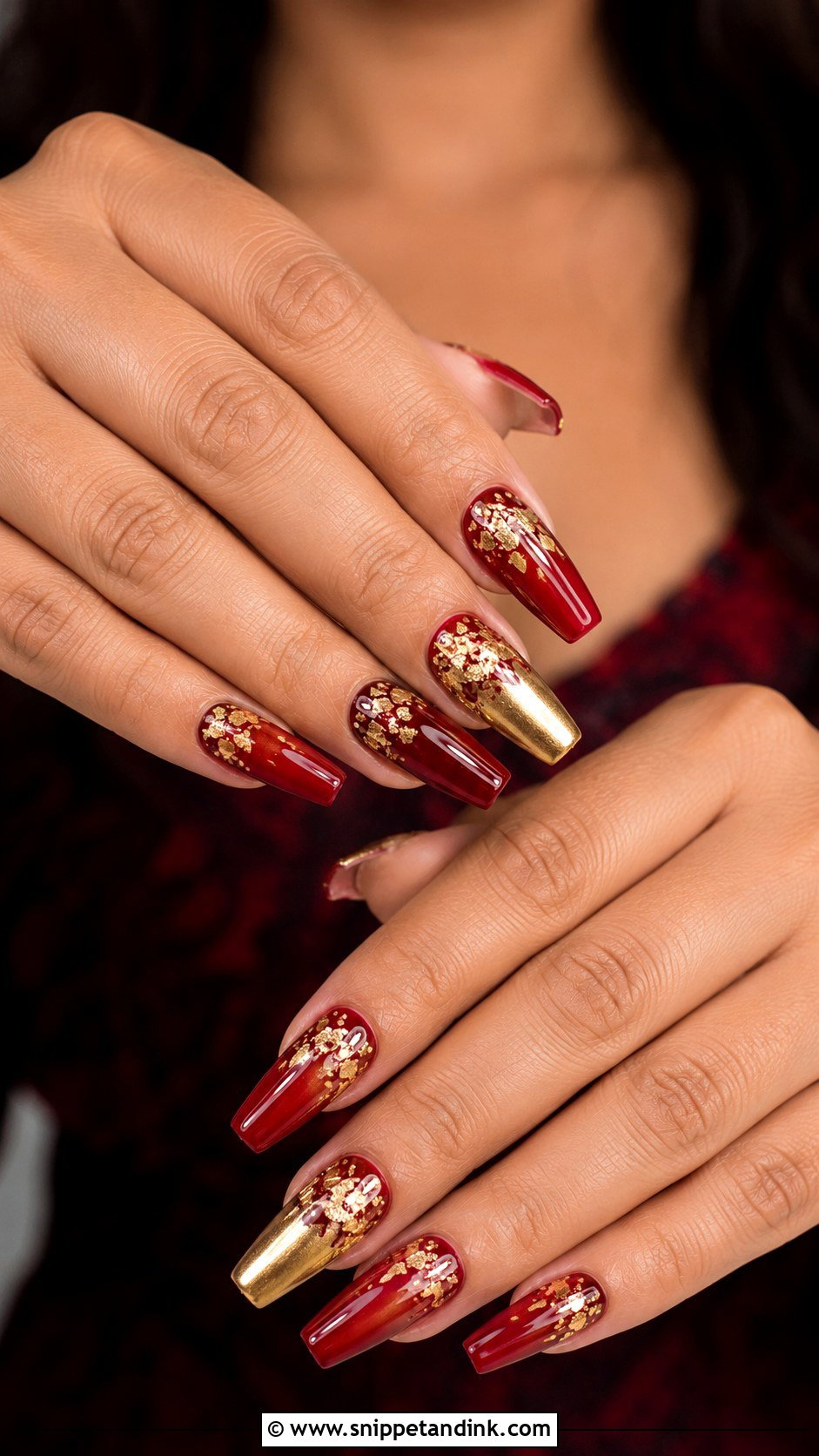 Indian Red Gold Bridal Nails With Gold Foil - Snippet and Ink - 20 Indian Red Gold Bridal Nail Art Designs
