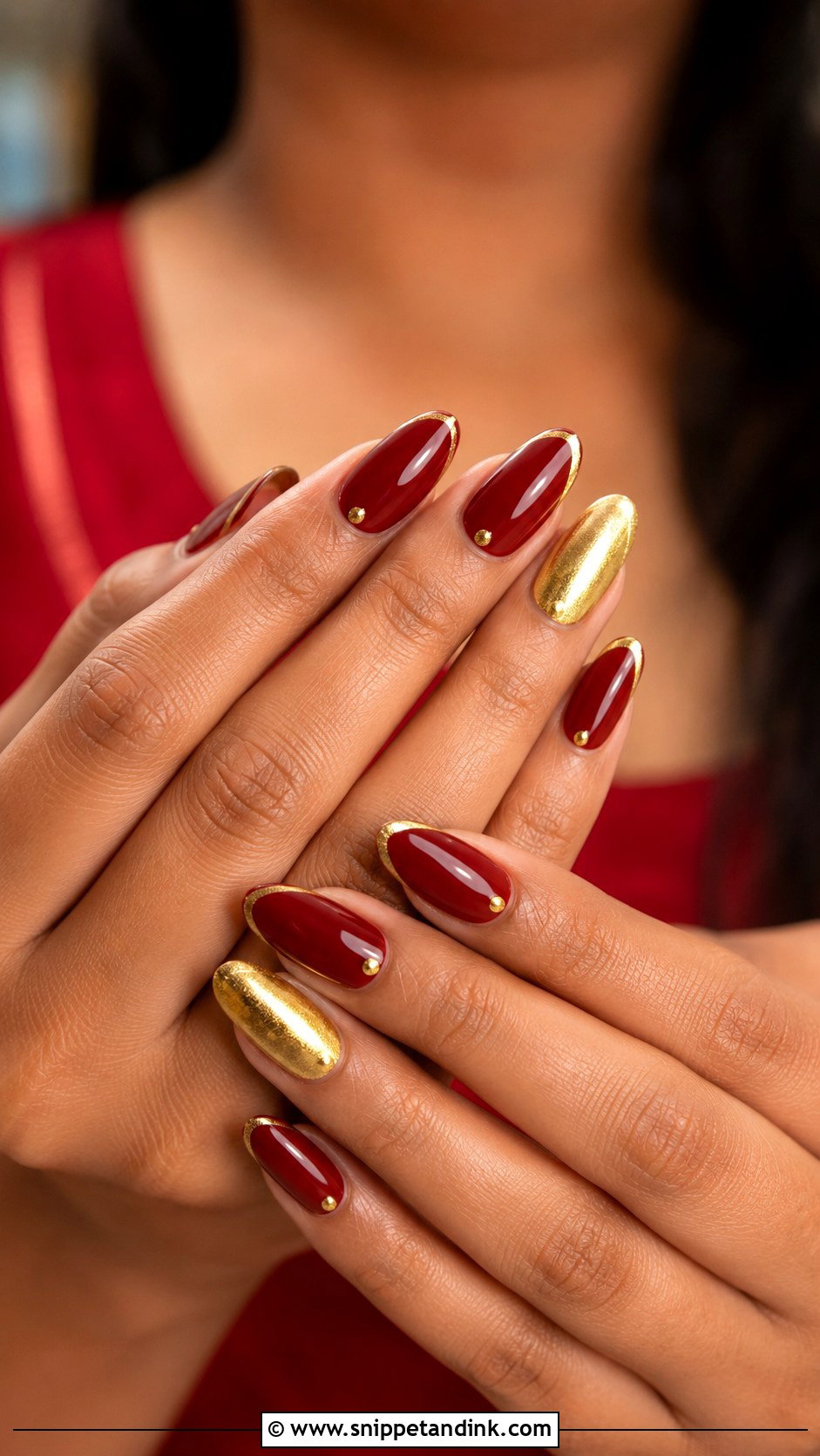 Indian Red Gold Bridal Nails With Gold French Tips - Snippet and Ink - 20 Indian Red Gold Bridal Nail Art Designs