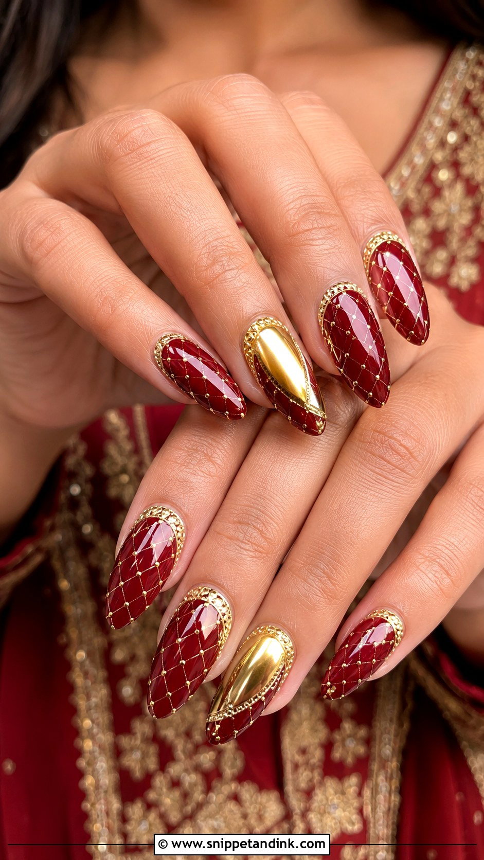 Indian Red Gold Bridal Nails With Jaal Pattern - Snippet and Ink - 20 Indian Red Gold Bridal Nail Art Designs