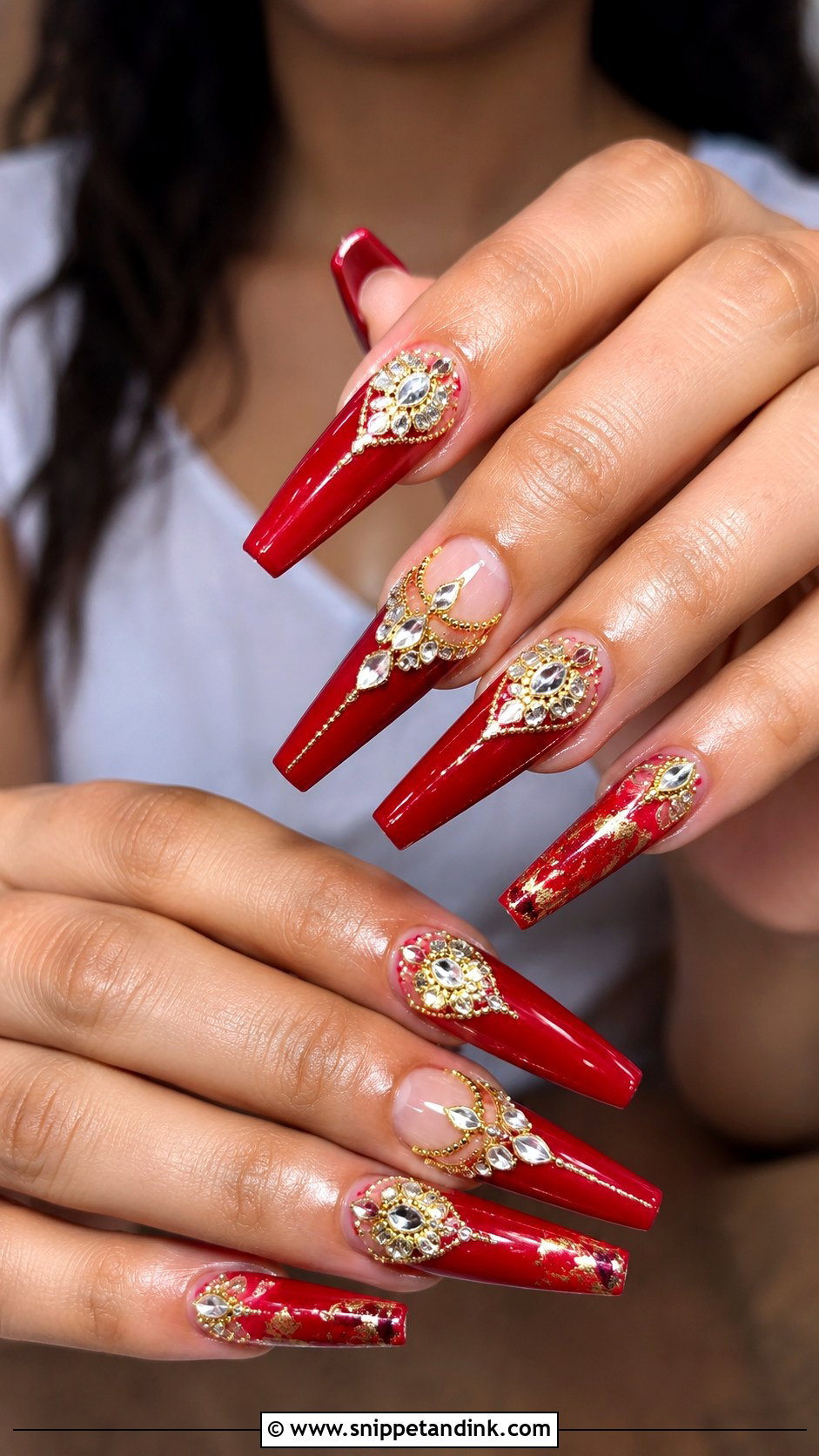 Indian Red Gold Bridal Nails With Kundan Stones - Snippet and Ink - 20 Indian Red Gold Bridal Nail Art Designs