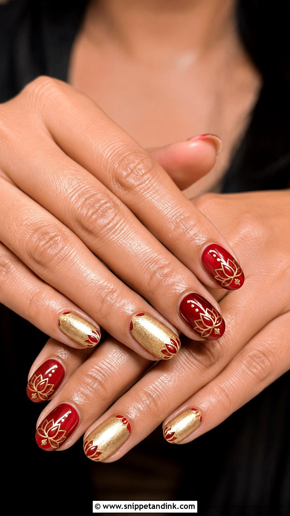 Indian Red Gold Bridal Nails With Lotus Art - Snippet and Ink - 20 Indian Red Gold Bridal Nail Art Designs